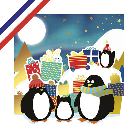 Carte tri-volet pingouins et cadeaux