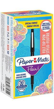 Paper mate flair original - boite de 36 feutres - noir - pointe moyenne 0.7 mm