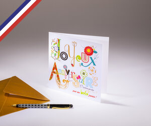 Carte double en lettres d'or créée et imprimée en france - anniversaire bucolique parsemé de fleurs