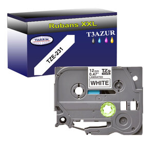 Ruban pour étiquettes laminées générique Brother Tze-231 pour étiqueteuses P-touch - Texte noir sur fond blanc - Largeur 12 mm x 8 mètres - T3AZUR